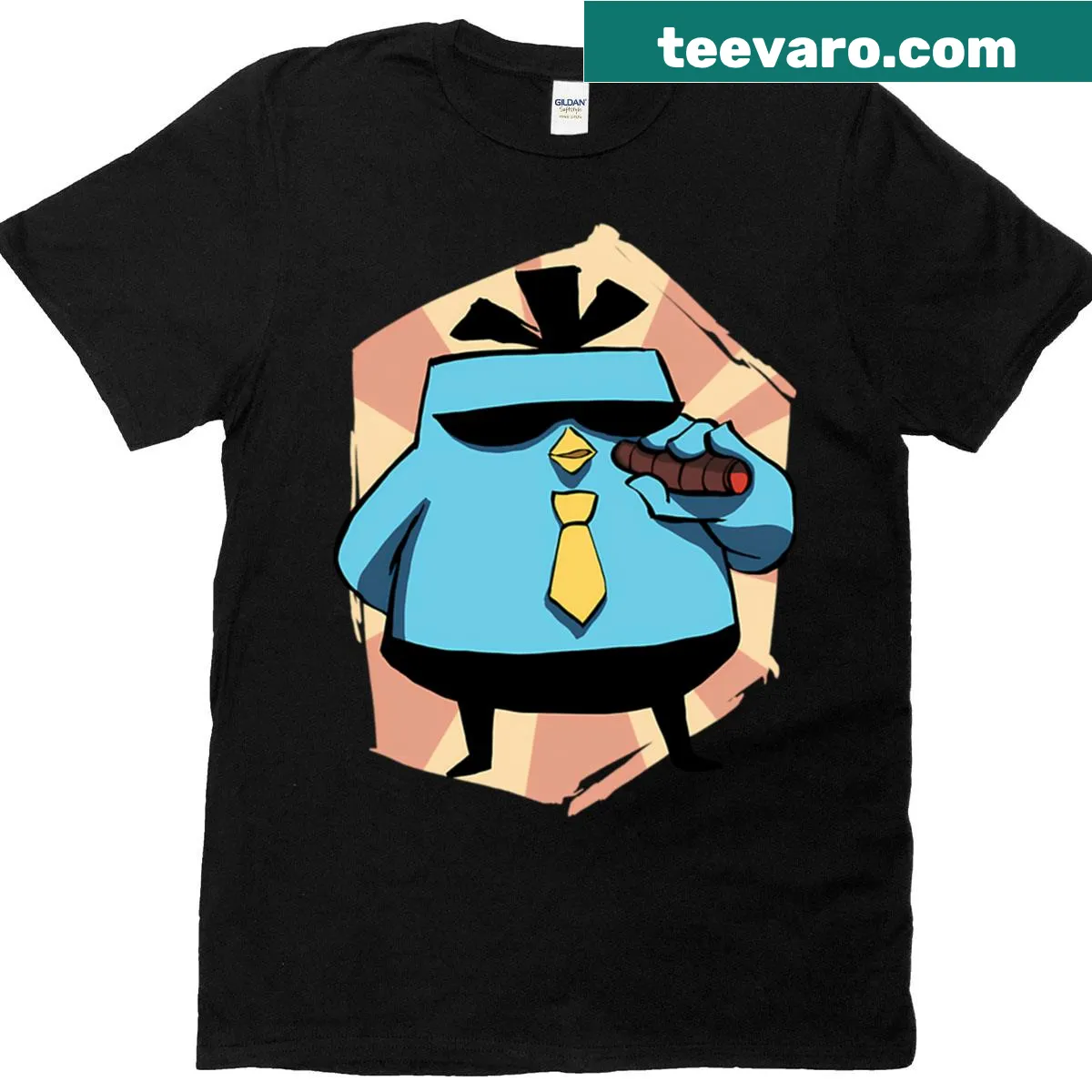 Cartoon ninja holding scissors in a funny design — on a men's t-shirt