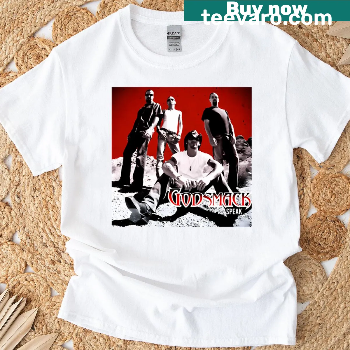 Vintage T-shirt featuring iconic rock music album artwork — on a men's t-shirt
