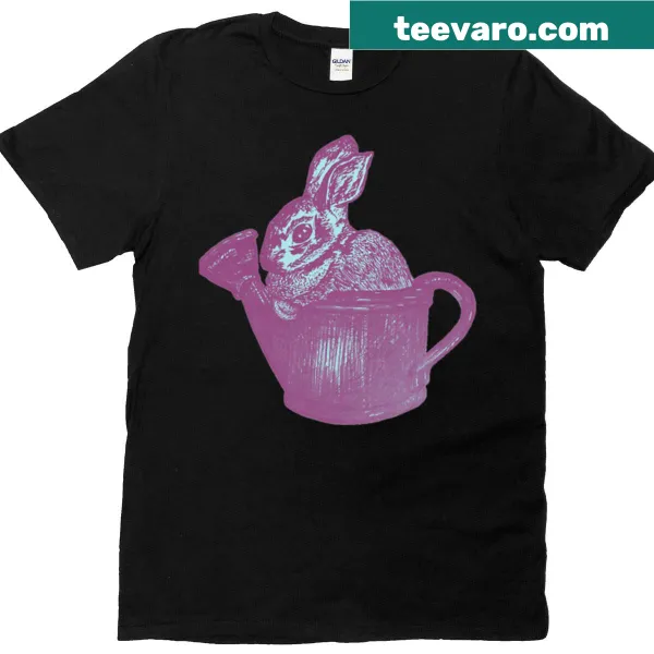 Whimsical bunny in a watering can design in cyan and magenta