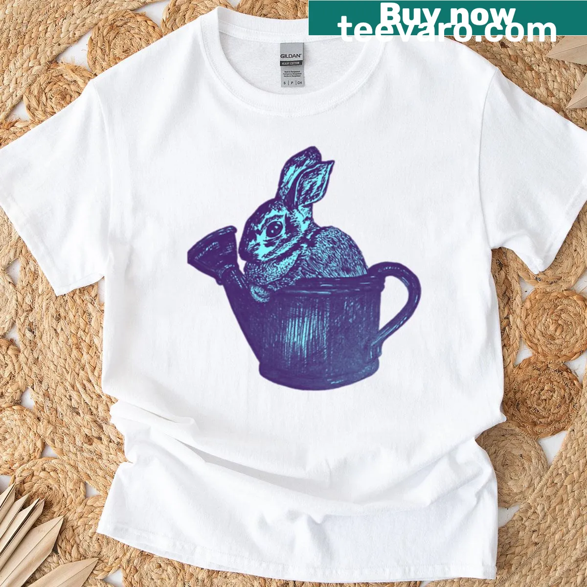 Illustrated bunny with a watering can on a t-shirt — on a men's t-shirt