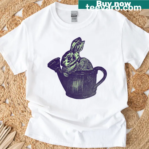 Illustration of a bunny in a watering can on a t-shirt