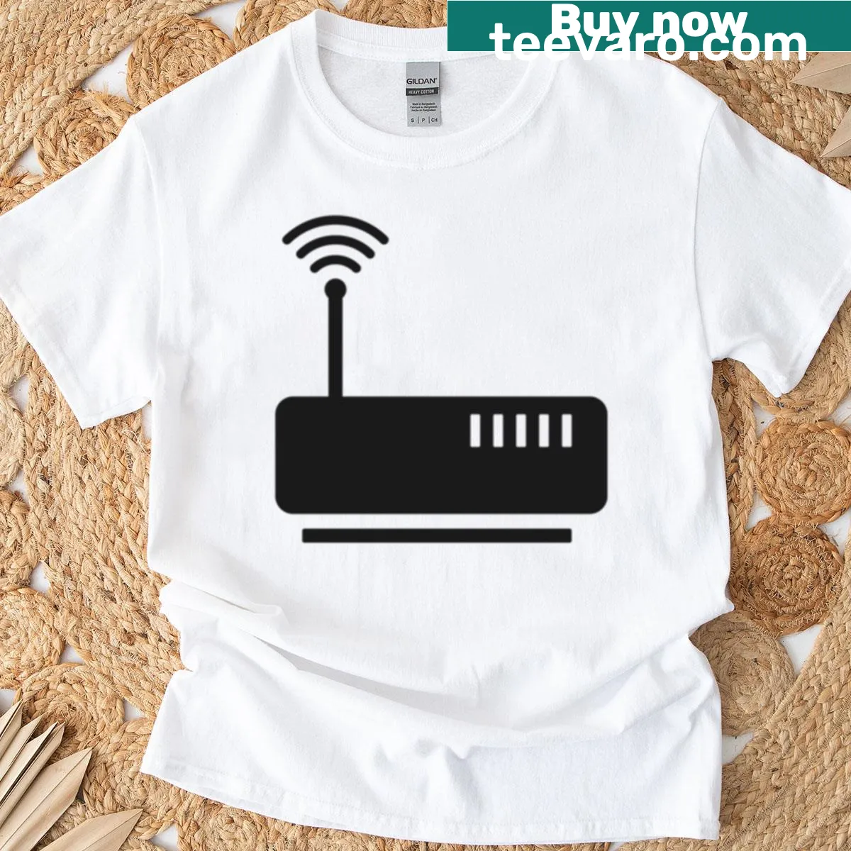 Minimalist graphic of a wireless internet router on a t-shirt — on a men's t-shirt
