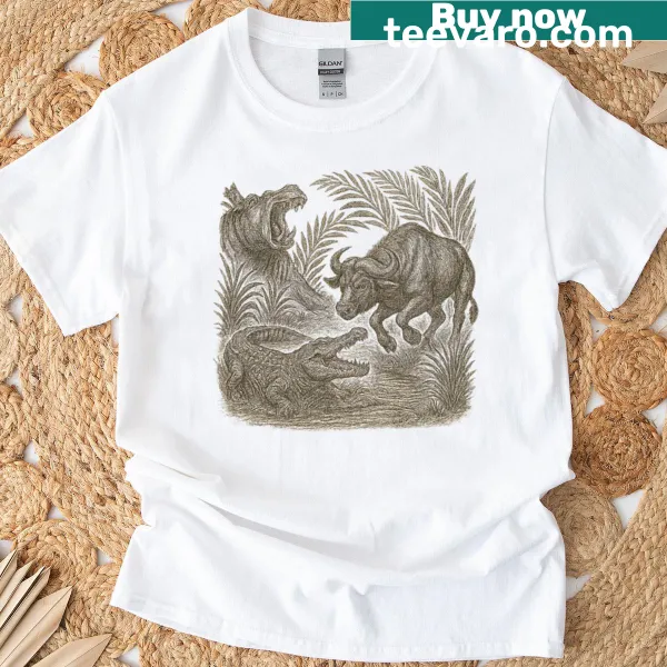 Realistic wildlife scene T-shirt featuring hippos, buffalo, and crocodiles