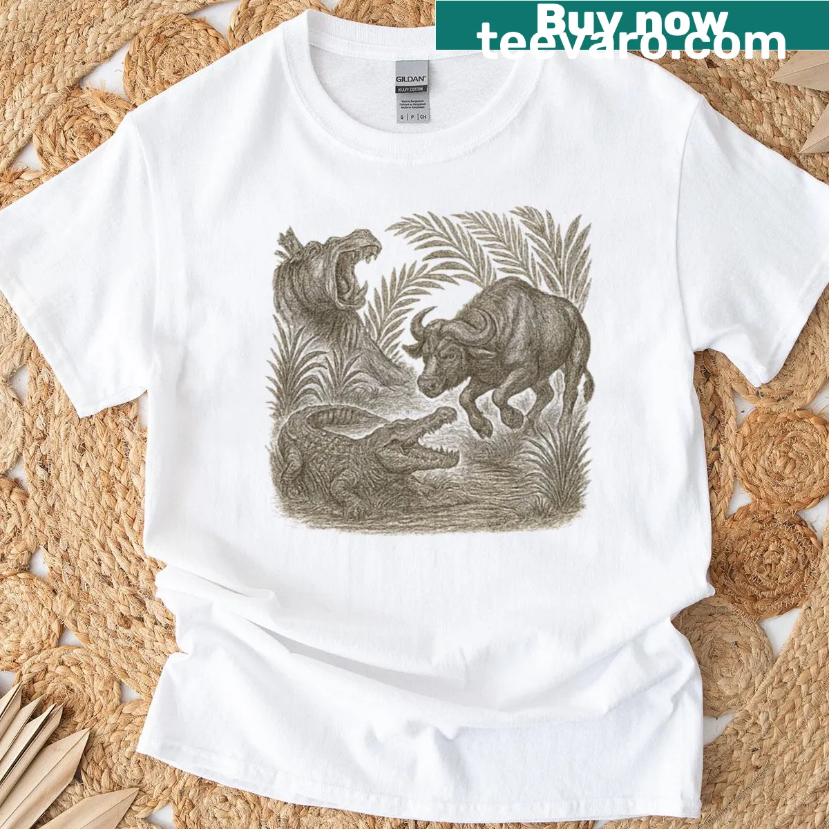 Realistic wildlife scene T-shirt featuring hippos, buffalo, and crocodiles — on a men's t-shirt
