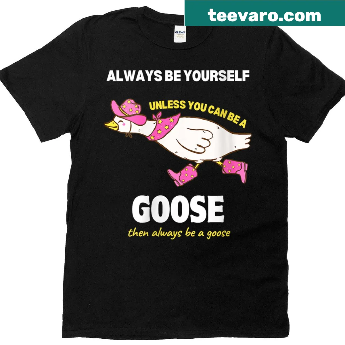 Funny women's t-shirt with the phrase about being a goose and cartoon illustrations — on a men's t-shirt