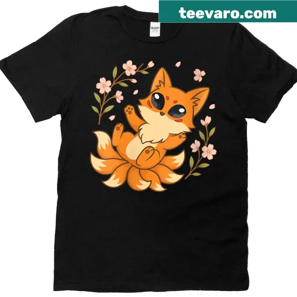 Fox kitsune and sakura flowers illustration t-shirt