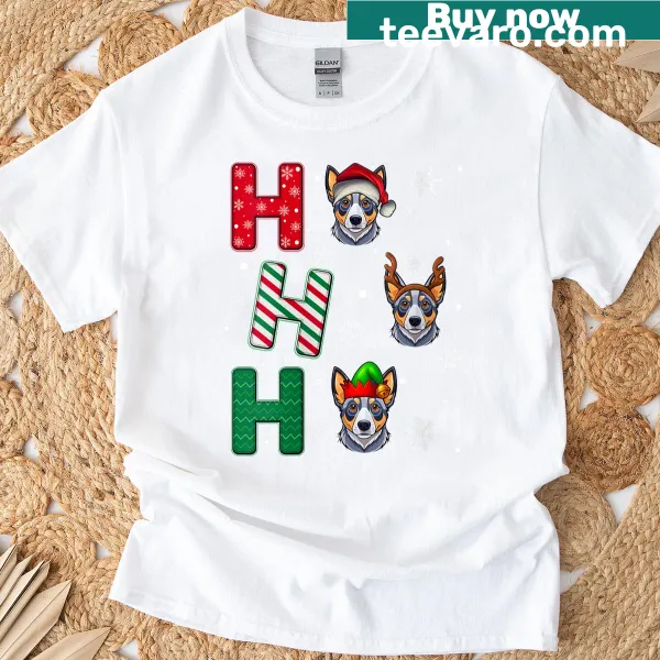 Cute Christmas T-shirt featuring a Blue Heeler dog in Santa attire