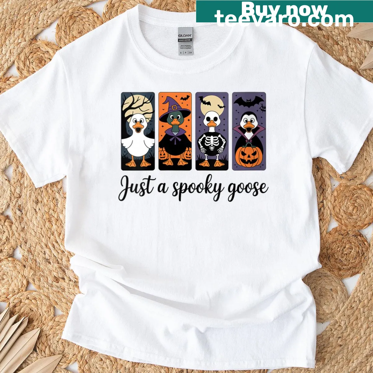 Whimsical Halloween shirt with a spooky goose design for women — on a men's t-shirt