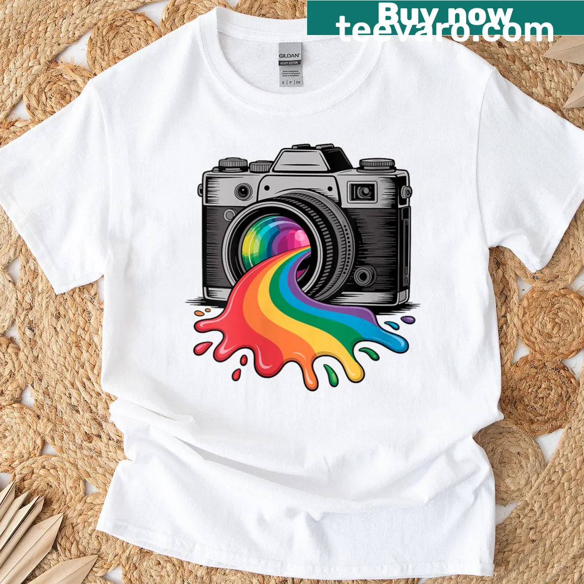 Vintage-style T-shirt with a colorful photo camera design — on a men's t-shirt
