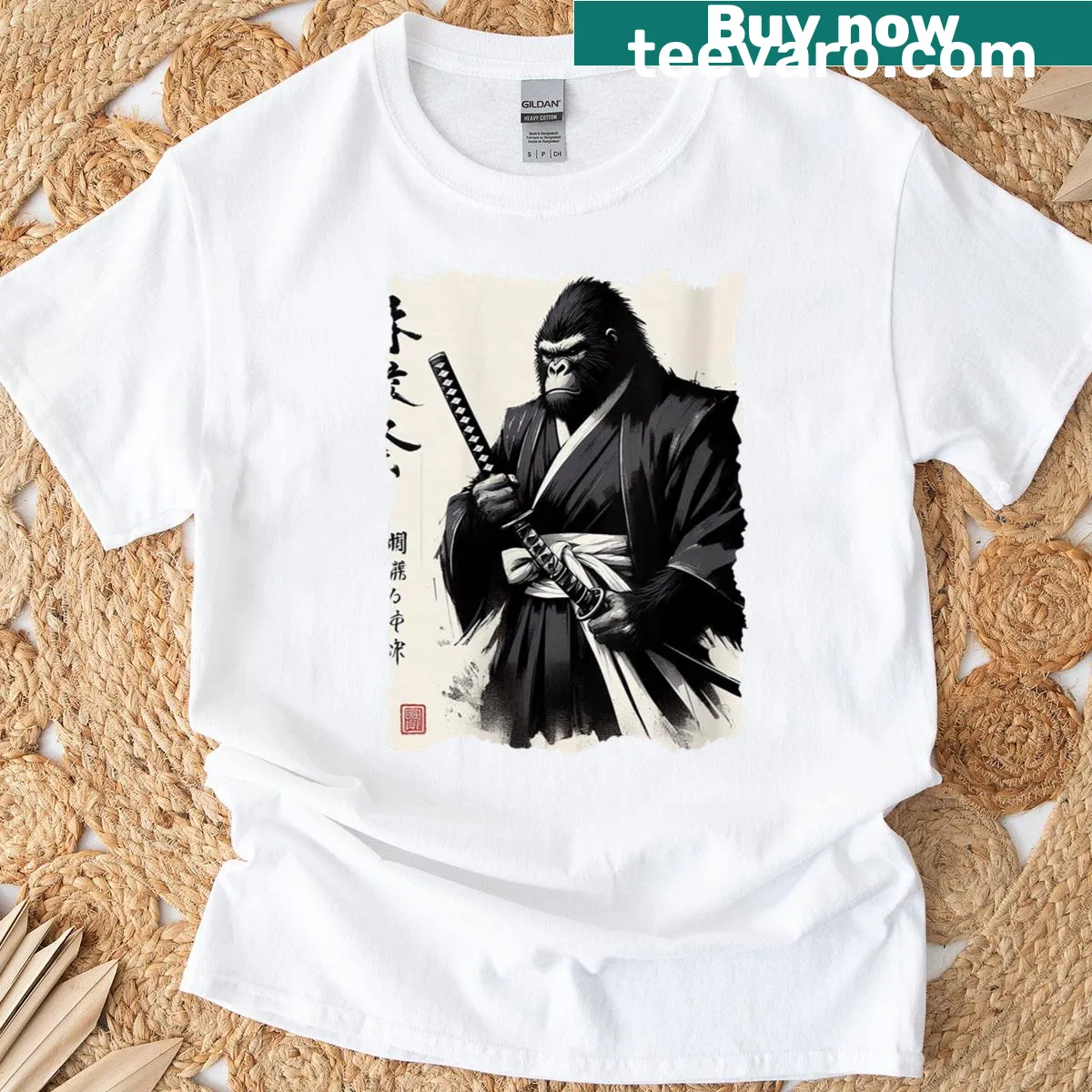 Ukiyo-e inspired illustration of a samurai gorilla warrior — on a men's t-shirt