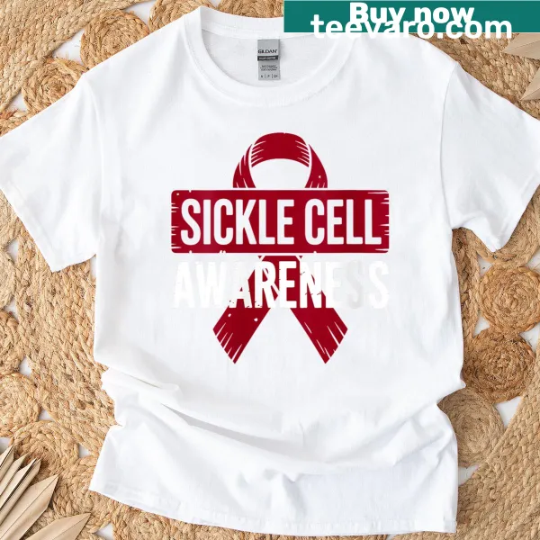 Awareness t-shirt featuring a burgundy ribbon for sickle cell disease