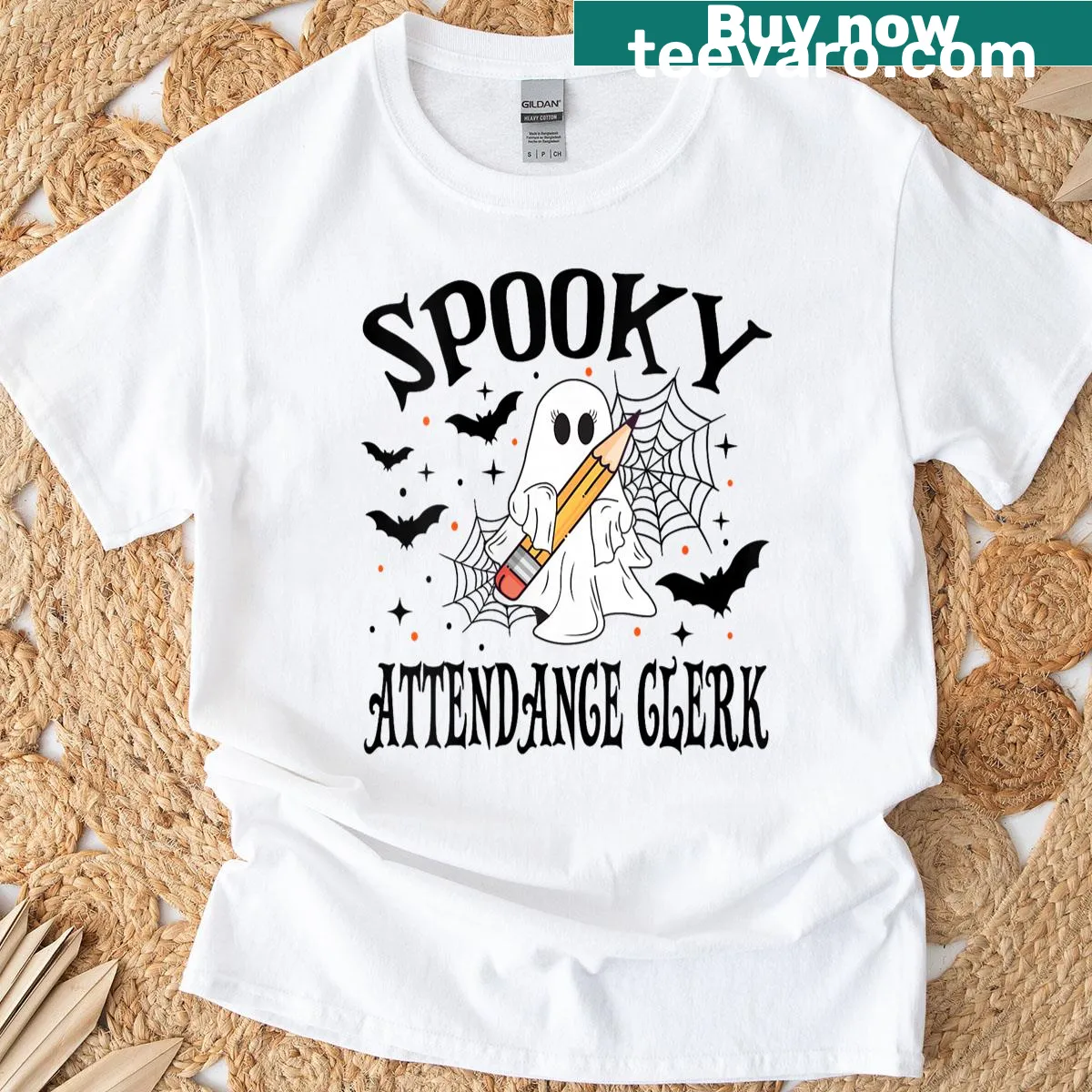 Cute Halloween t-shirt with a spooky attendance clerk graphic — on a men's t-shirt