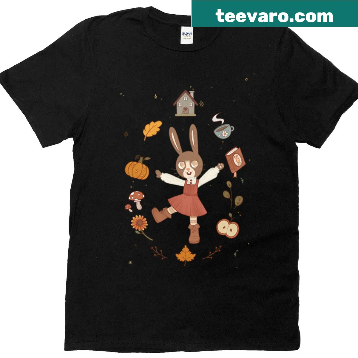 Cute woodland bunny illustration on autumn-themed t-shirt — on a men's t-shirt