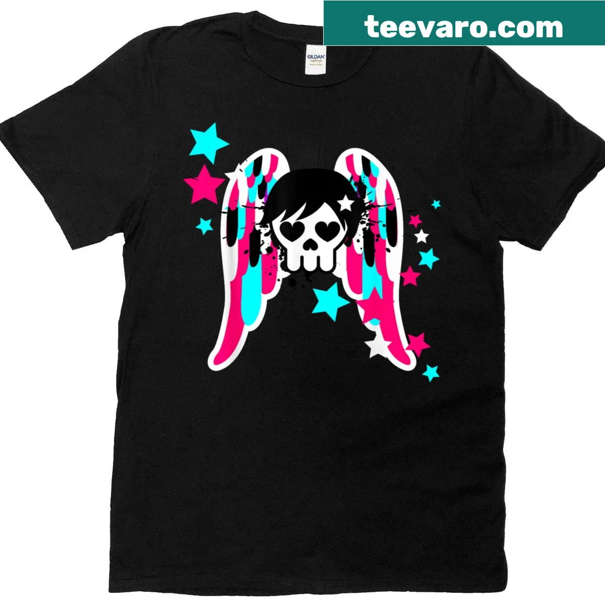 Y2k t-shirt featuring an emo skull with wings illustration. — on a men's t-shirt