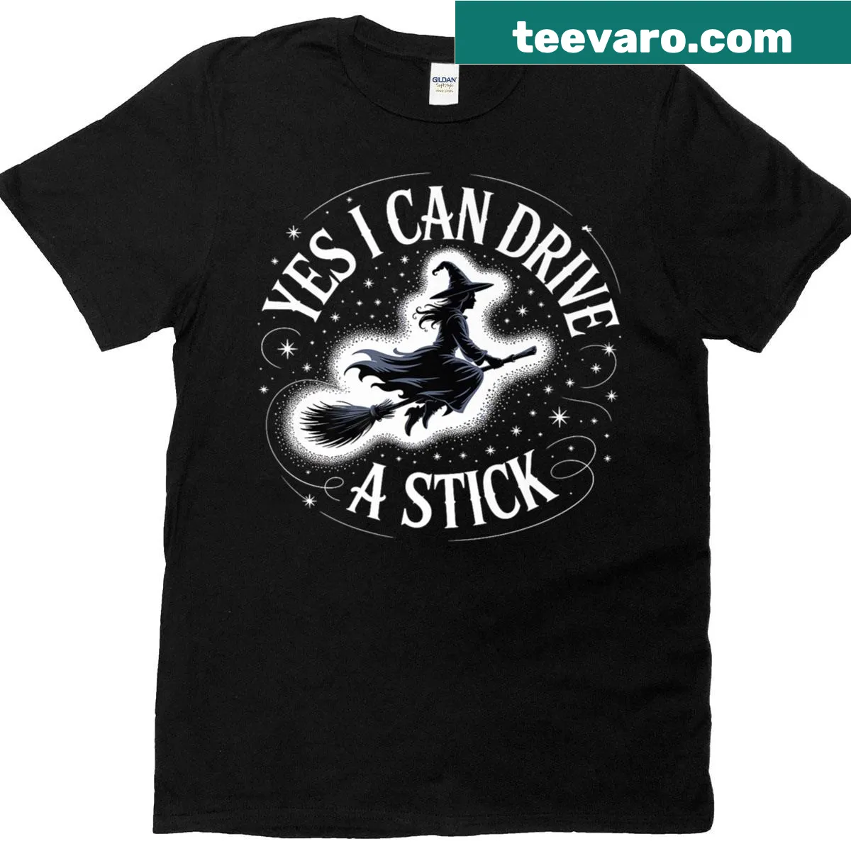 Witch on broomstick with text 'Yes I Can Drive A Stick' Halloween shirt — on a men's t-shirt