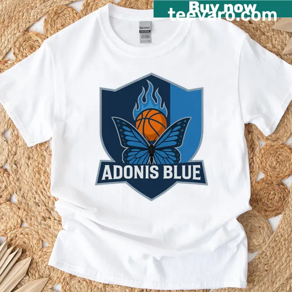 T-shirt featuring a bold Adonis Blue Shield logo design
