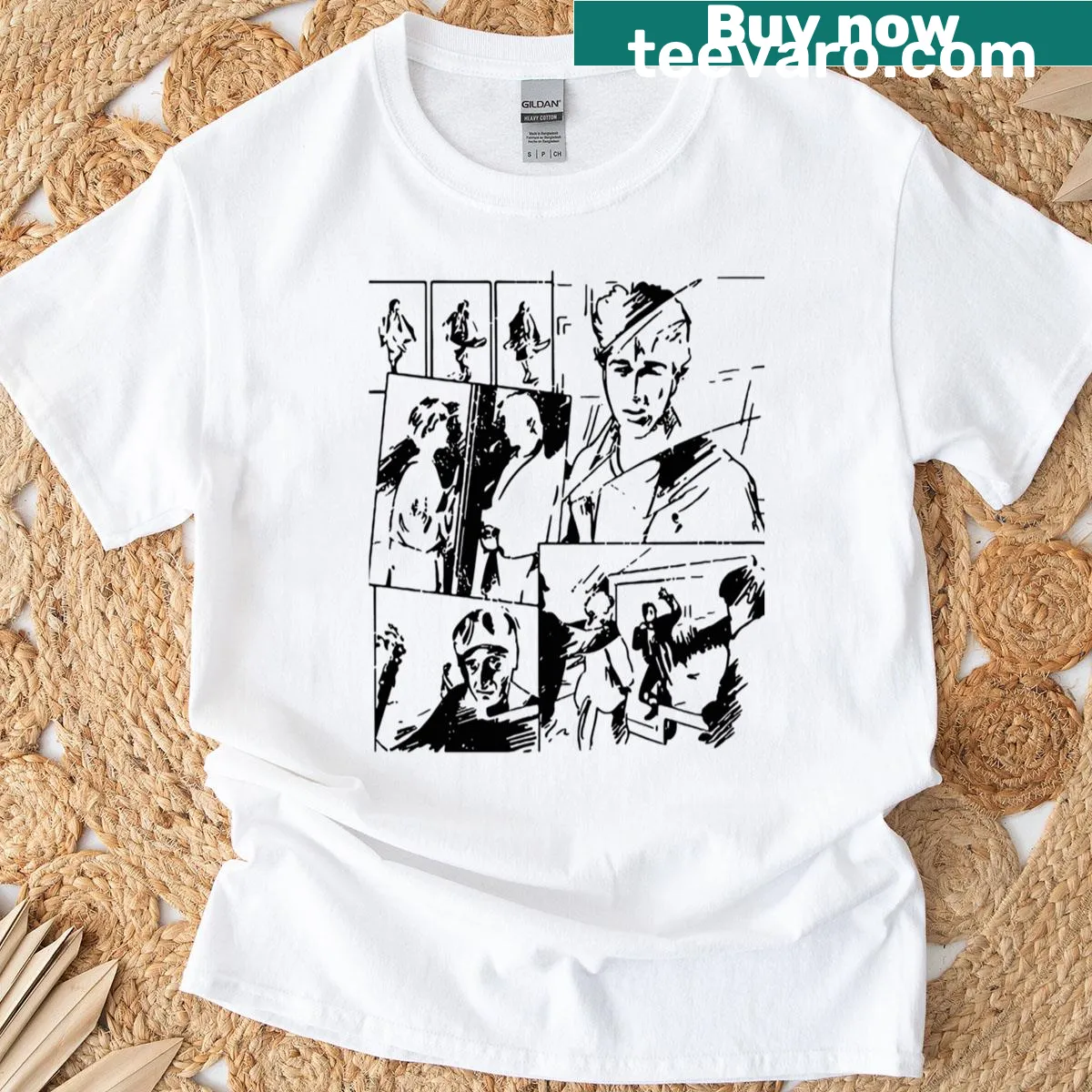 Retro 80s music video inspired Aha Take On Me t-shirt — on a men's t-shirt
