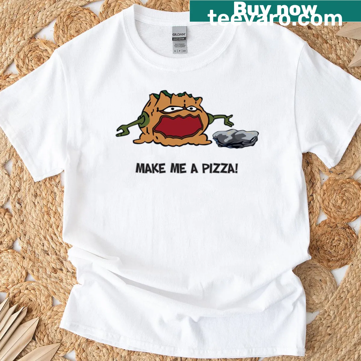 Whimsical design of Arno the tree troll at Pizza Pass — on a men's t-shirt