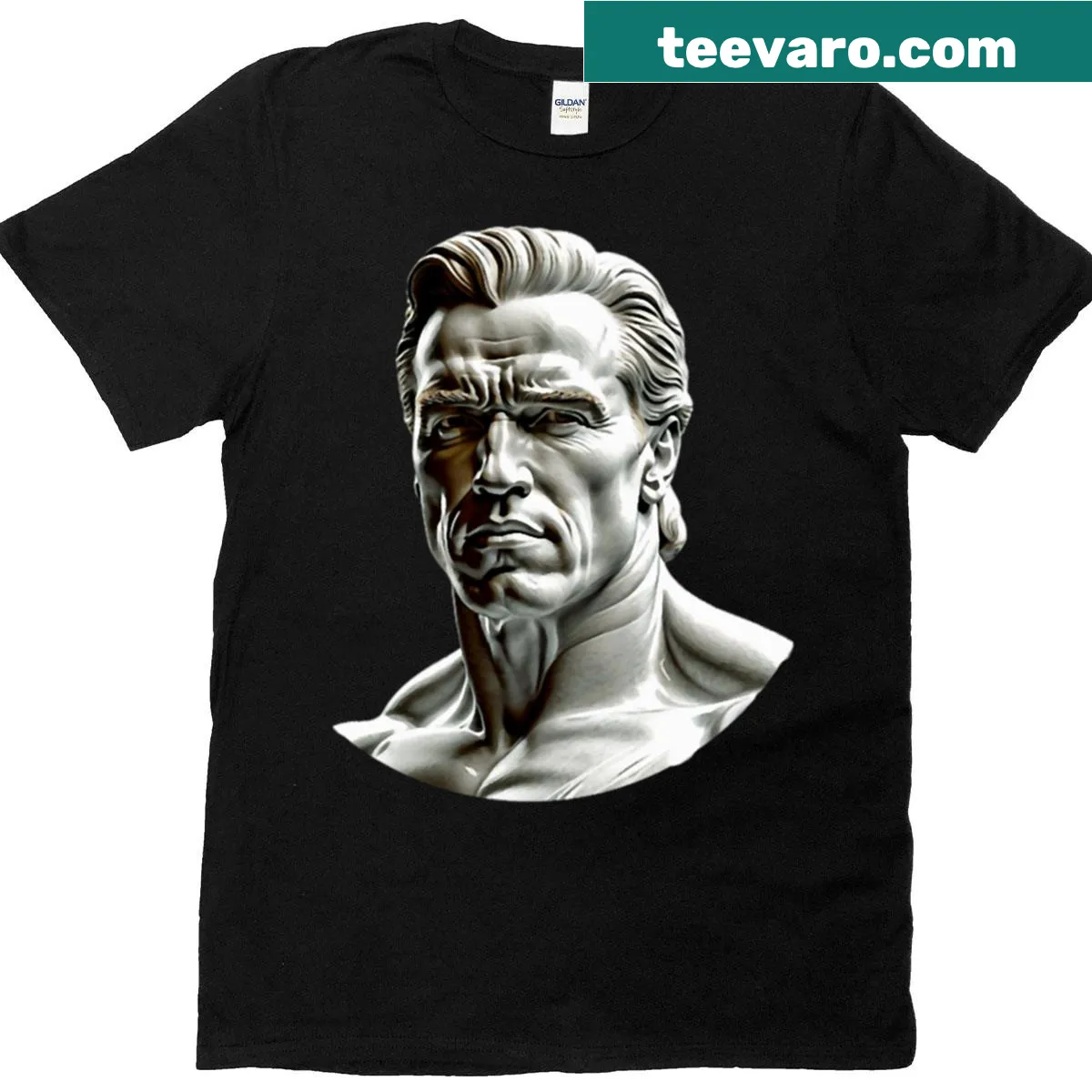 Tribute T-shirt featuring Arnold Schwarzenegger in a bold graphic design — on a men's t-shirt