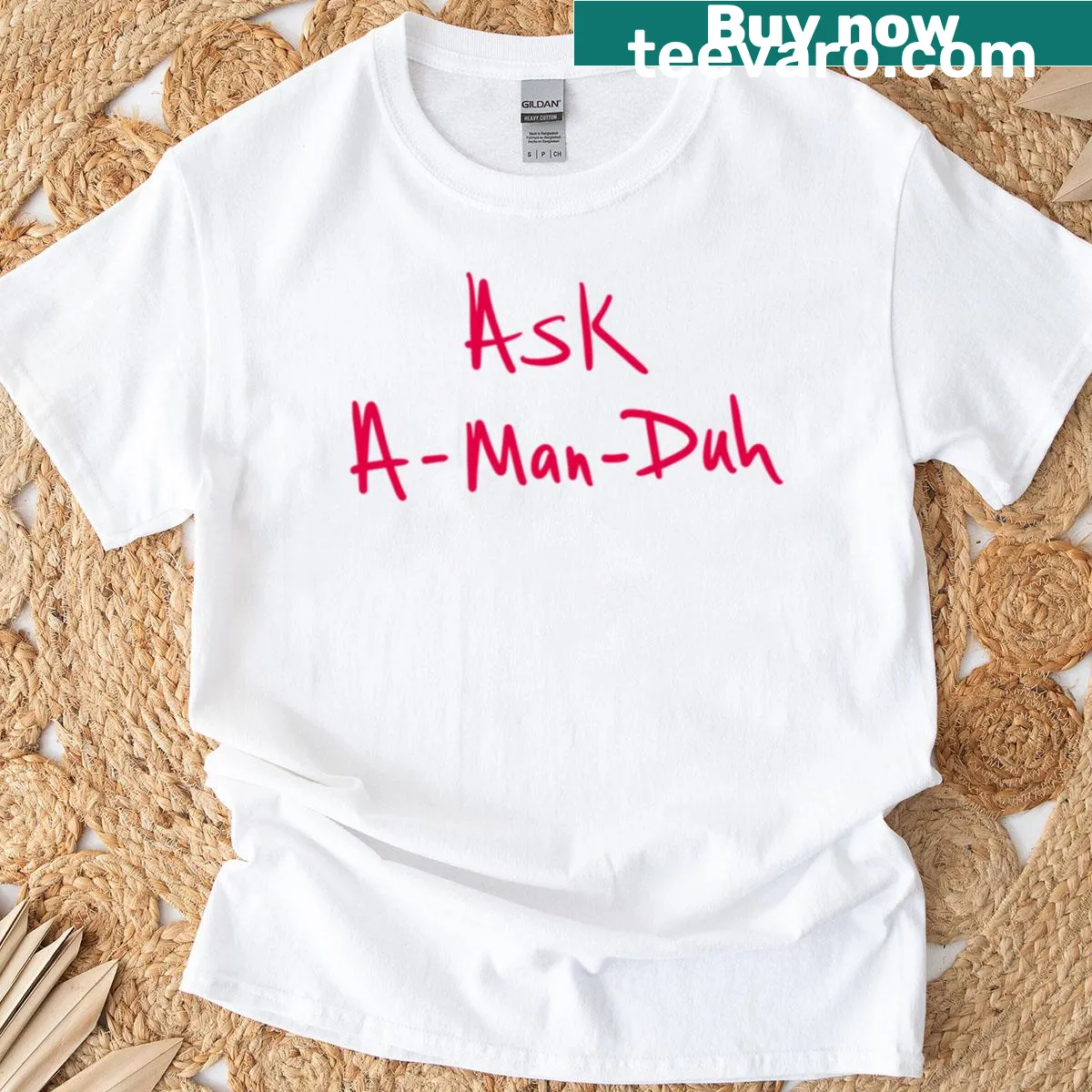 Playful line-art T-shirt with the phrase 'Ask A-man-duh' — on a men's t-shirt
