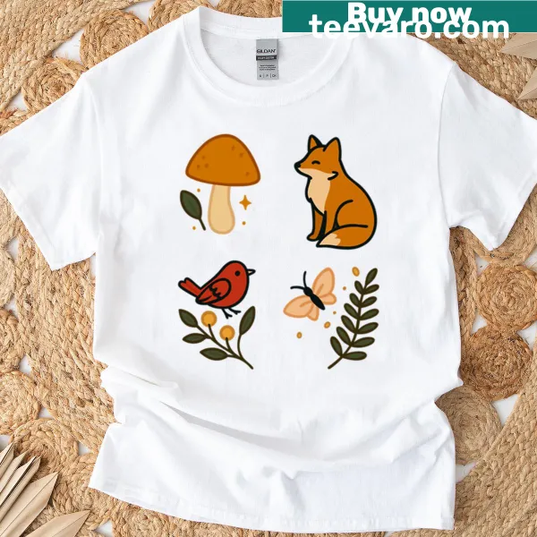 Illustrated autumn woodland animals on a T-shirt.