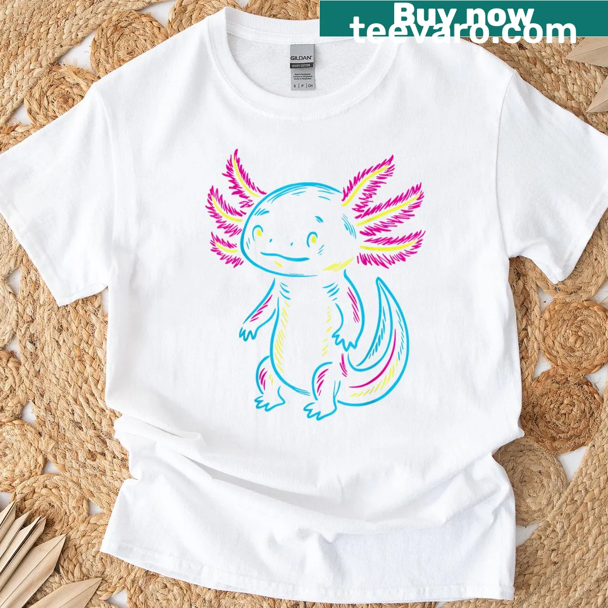 Cute cartoon axolotl graphic T-shirt — on a men's t-shirt