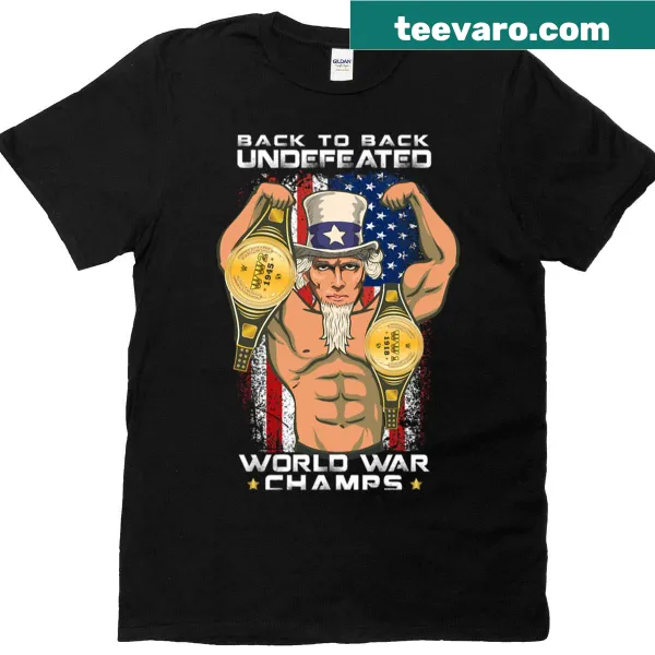 T-shirt featuring bold text 'Back To Back Undefeated World' in a simple design