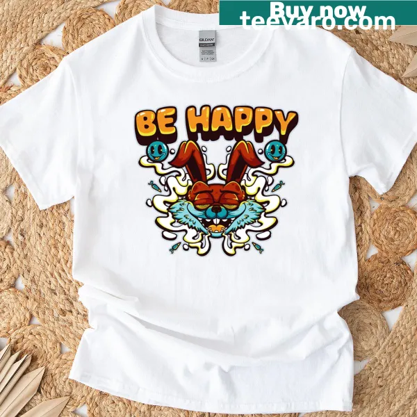 Uplifting Be Happy t-shirt with cheerful text