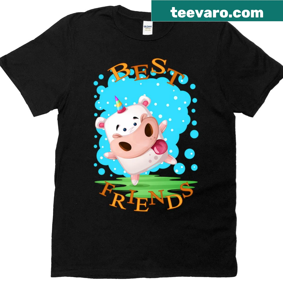 Whimsical unicorn illustration celebrating friendship on a t-shirt — on a men's t-shirt