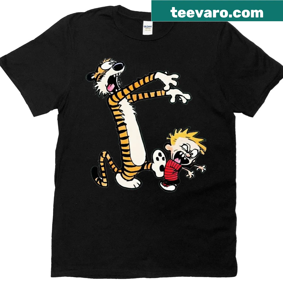 Vintage-inspired T-shirt featuring Calvin and Hobbes graphic — on a men's t-shirt