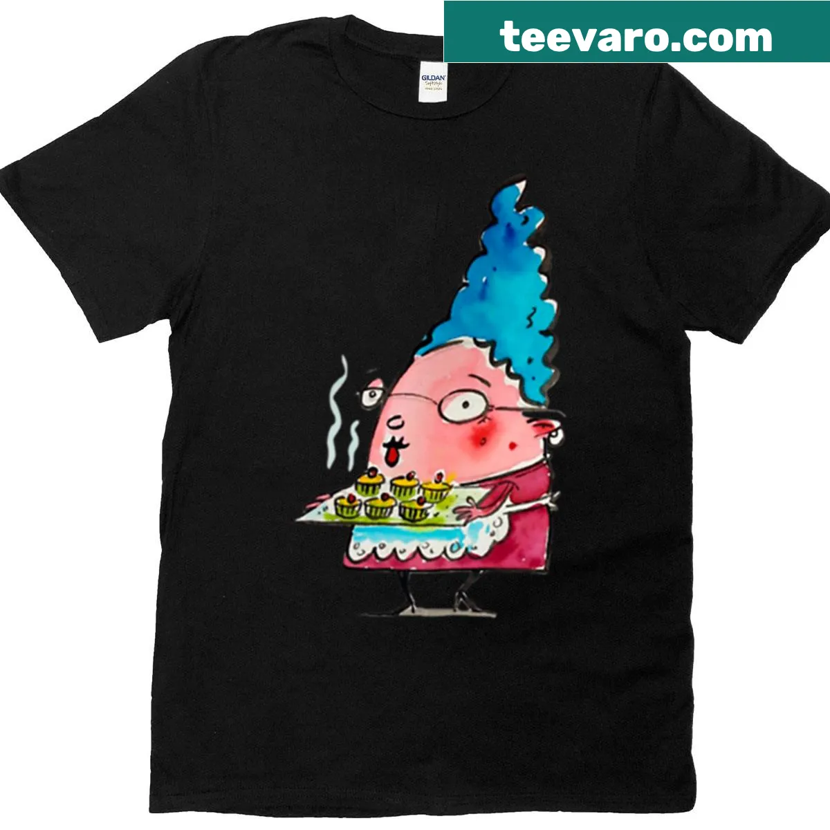 Whimsical Betty Cupcakes illustration on T-shirt, sweet treat theme — on a men's t-shirt