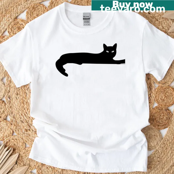 Cute black cat lounging graphic on a t-shirt