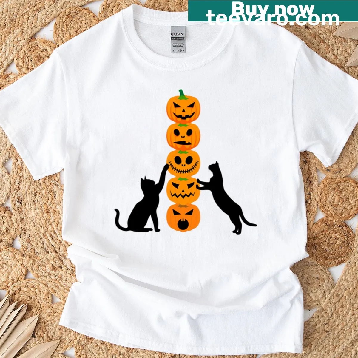 Halloween t-shirt with cartoon black cat and pumpkin design — on a men's t-shirt