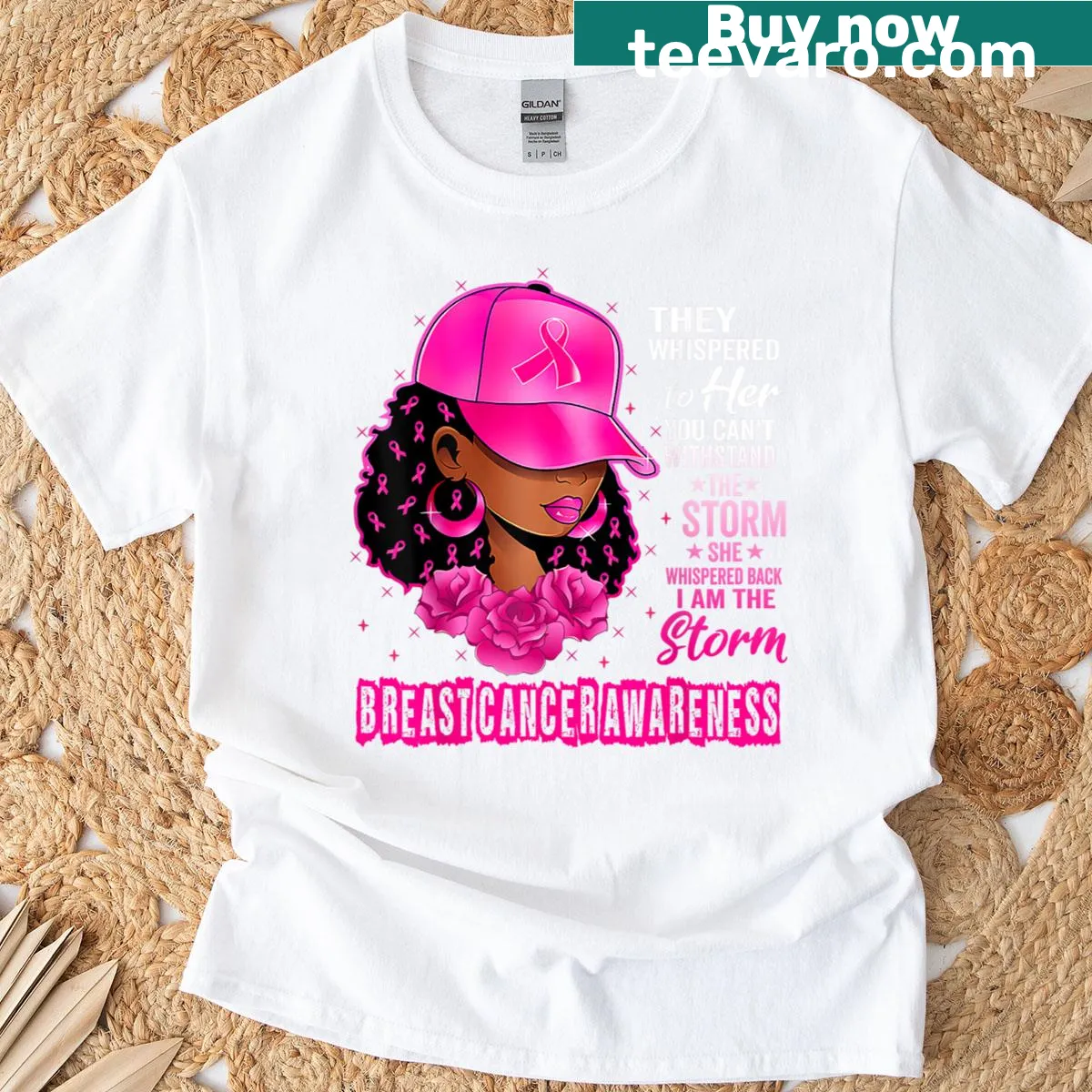 Empowering T-shirt for black breast cancer survivors featuring a pink ribbon — on a men's t-shirt