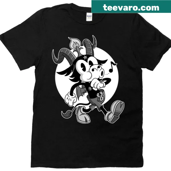 Edgy T-shirt featuring a retro cartoon of Baphomet and Satanic themes