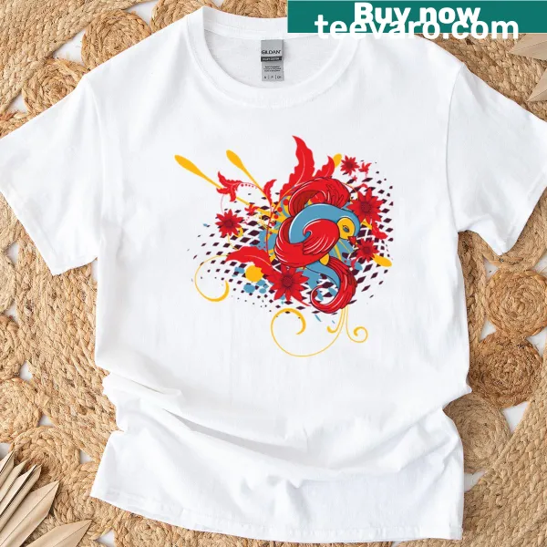 Charming illustration of a blue bird on a casual t-shirt.
