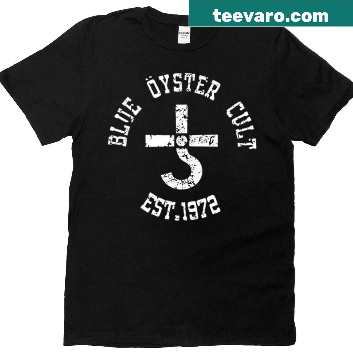 Blue Oyster Cult logo graphic T-shirt — on a men's t-shirt
