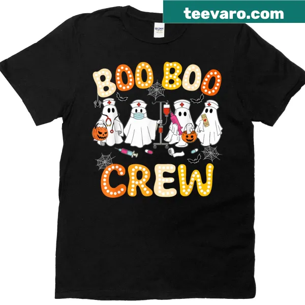 Cartoon ghost-themed nurse Halloween t-shirt for Boo Crew.