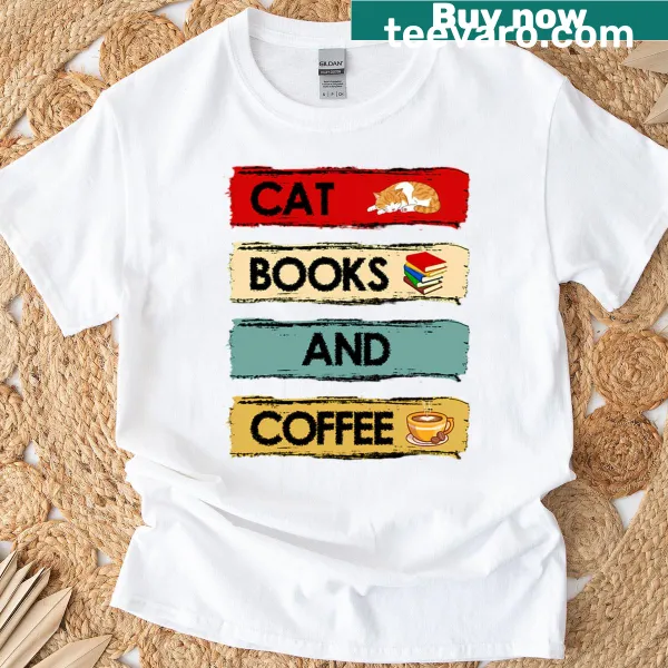 Cute illustration of a cat among books on a t-shirt.
