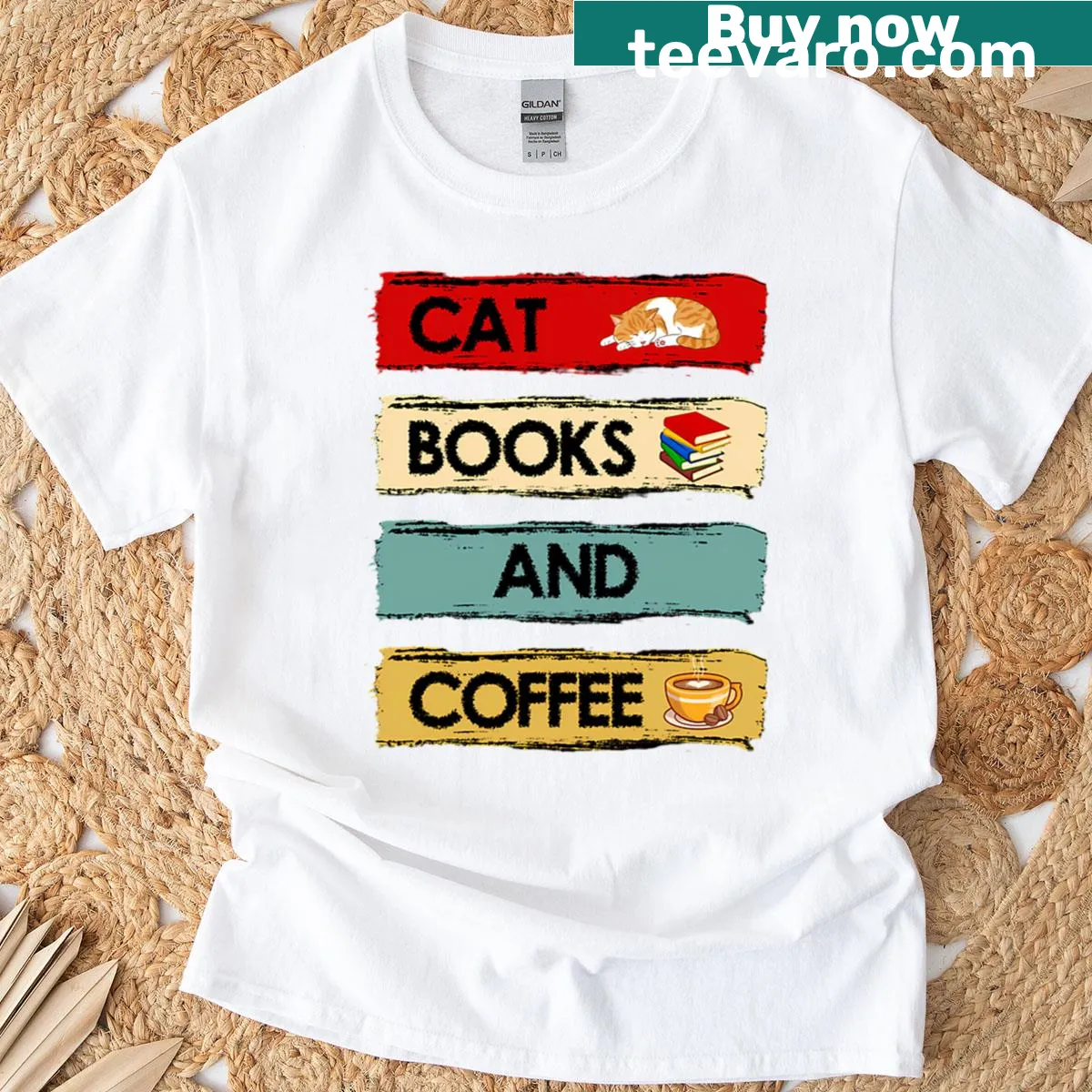 Cute illustration of a cat among books on a t-shirt. — on a men's t-shirt