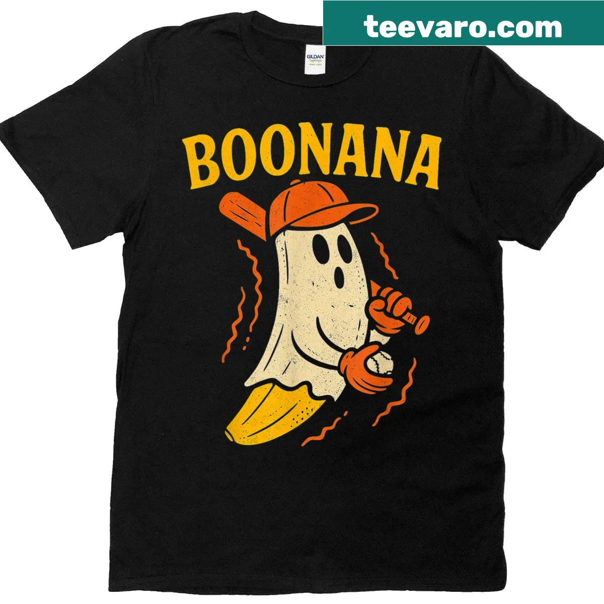 Funny Halloween banana baseball player graphic T-shirt — on a men's t-shirt