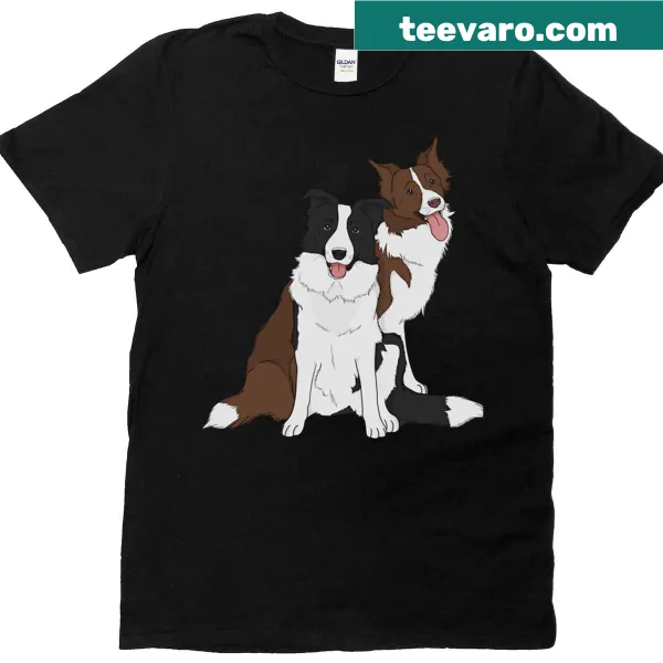 Illustrated T-shirt featuring playful border collies in a fun design.