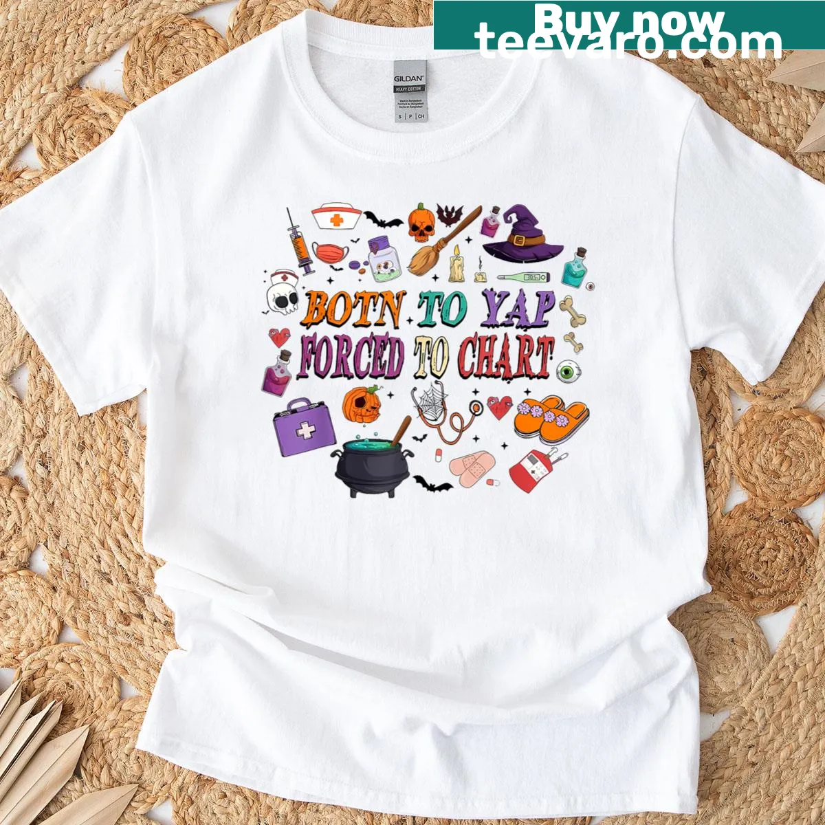 Funny nurse Halloween shirt with 'Born To Yap Forced To Chart' text — on a men's t-shirt