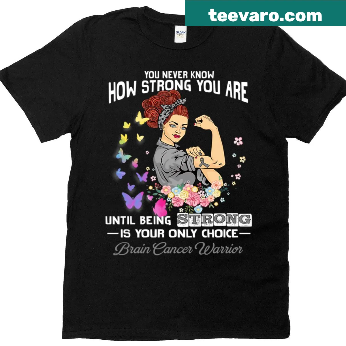 Inspirational T-shirt with 'You Never Know How Strong You Are' for brain cancer awareness. — on a men's t-shirt