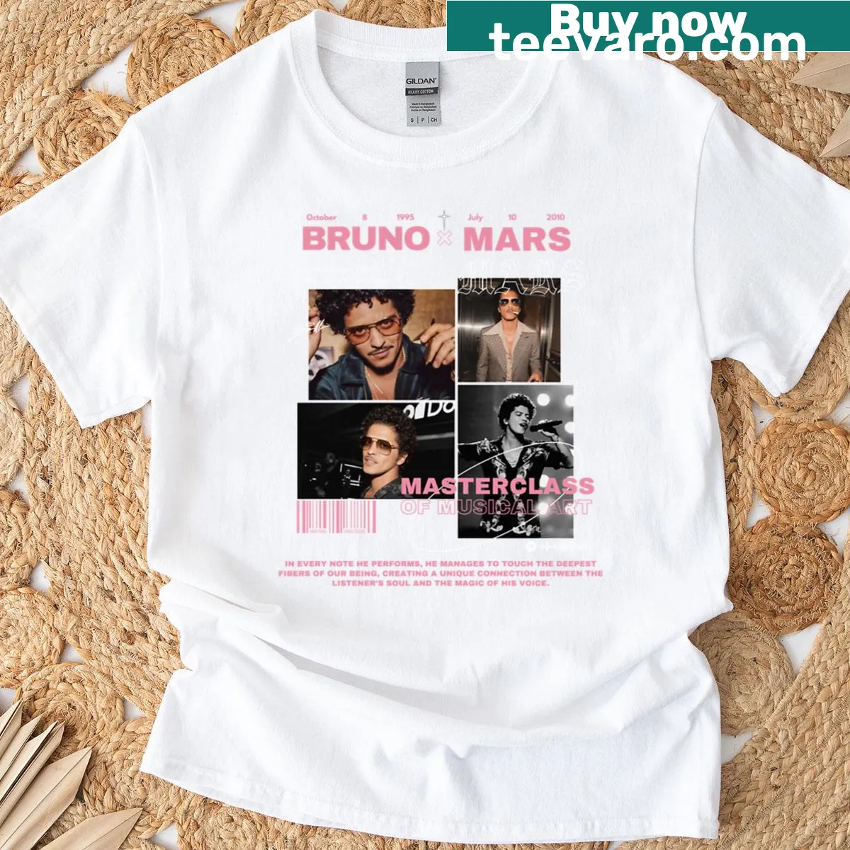 Stylish t-shirt featuring a graphic of Bruno Mars — on a men's t-shirt