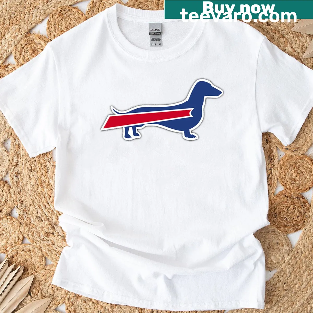 Illustrative T-shirt featuring a dachshund in Buffalo Bills gear, celebrating sports and dogs. — on a men's t-shirt