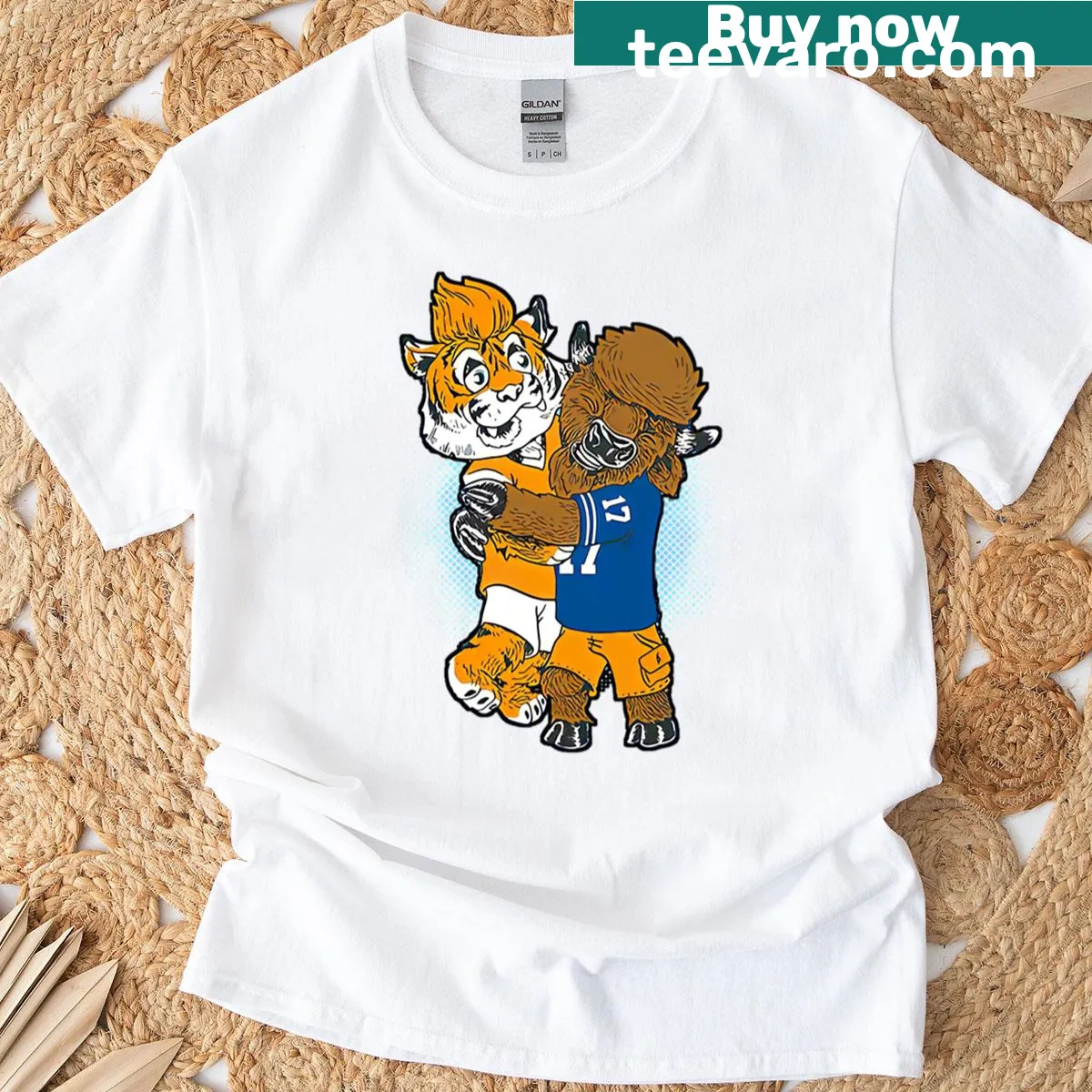 Cartoon-style t-shirt featuring Buffalo Bills vs Bengals mascots — on a men's t-shirt