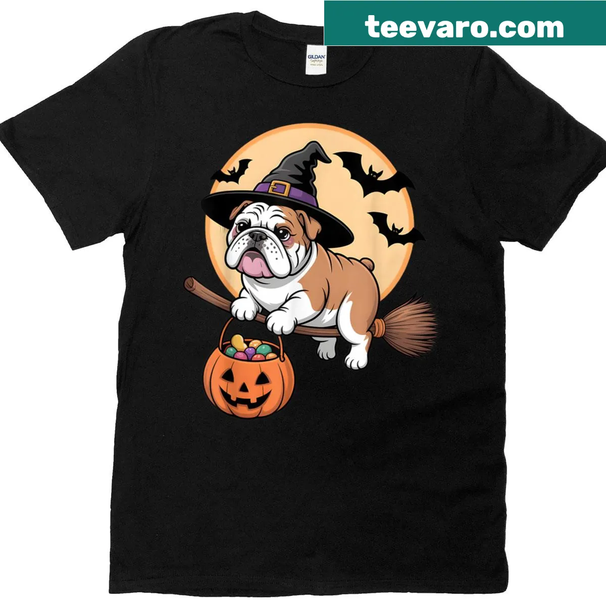 Halloween T-shirt featuring a bulldog with a witch hat and pumpkin. — on a men's t-shirt