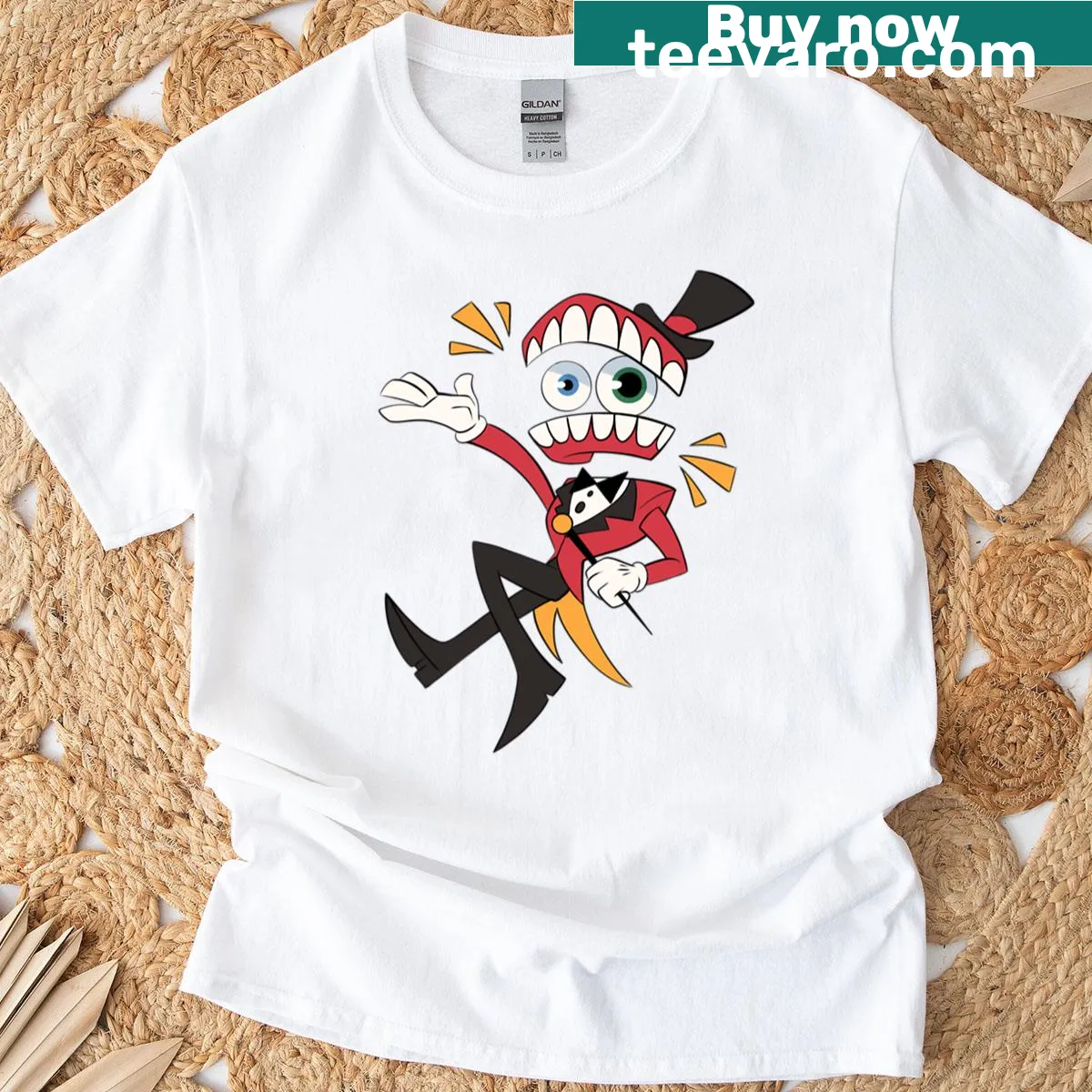 Whimsical circus-themed t-shirt featuring Caine and enchanting characters — on a men's t-shirt
