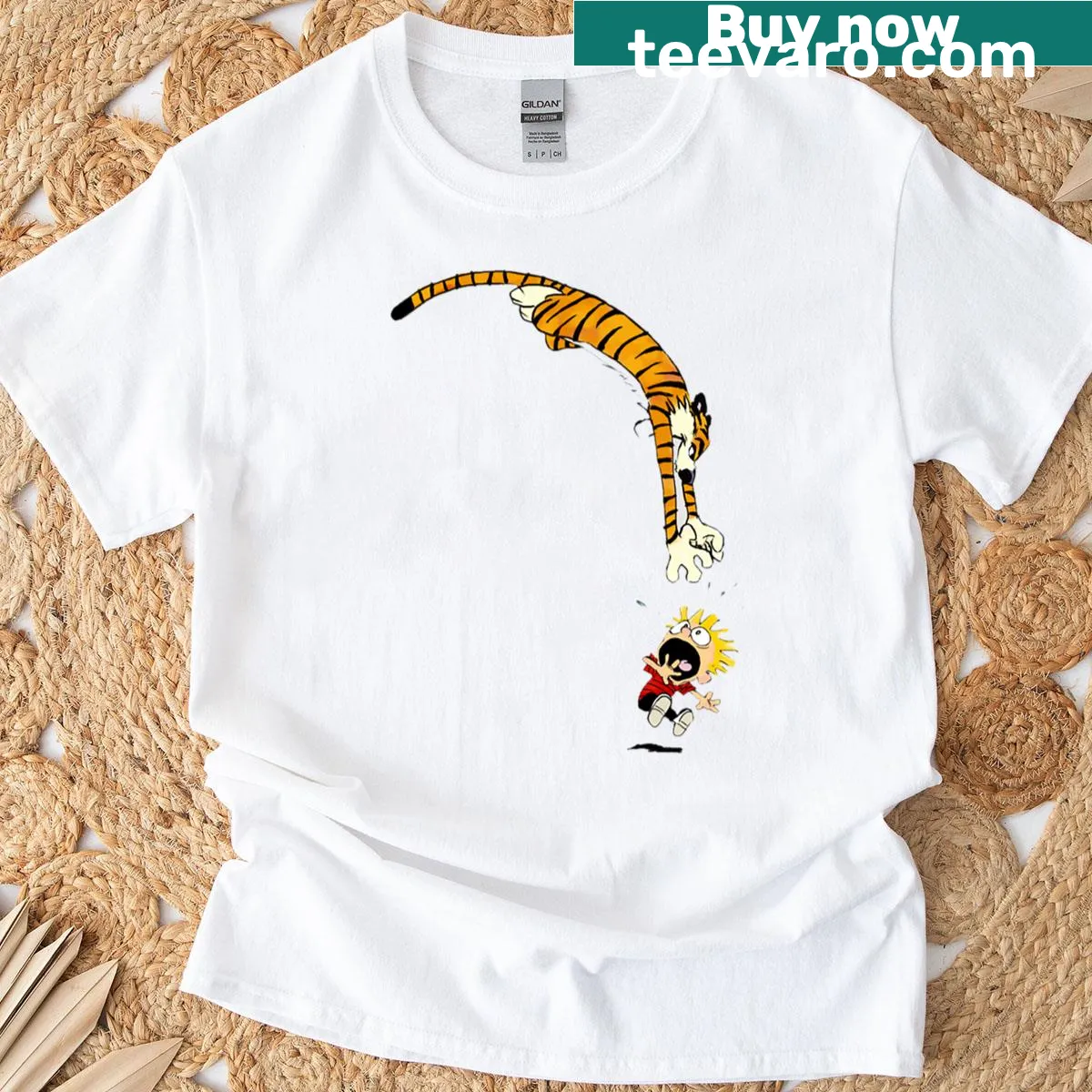 Calvin and Hobbes cartoon graphic T-shirt for kids — on a men's t-shirt